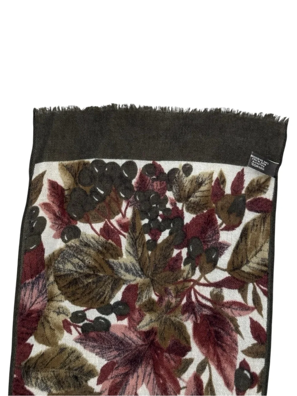 Vintage 90s Y2K Italian 100% Wool Floral Scarf Autumn Botanical Olive Lightweigh